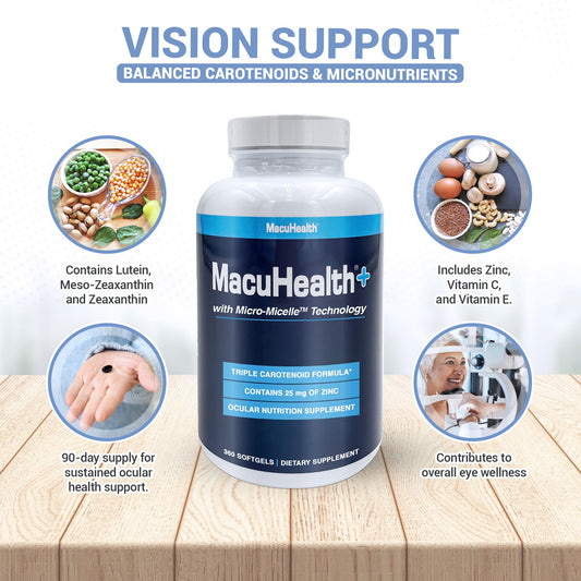 Macuhealth Plus+ Eye Vitamins Supplement for Adults - 90 Day Supply with Lutein, Zeaxanthin, and Meso-Zeaxanthin - Unflavored, Vitamin for Eyes USA Supplements Direct B0BTZYT1CX