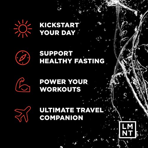 Promotional graphic for a product with text and icons on a black background, featuring the brand 'LMNT'.