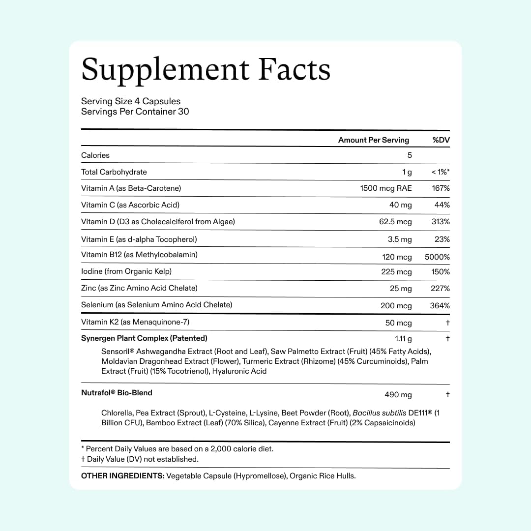 Nutrafol Women's Vegan Hair Growth Supplements 100% Vegan Ingredients 1 Month Supply Refill Pouch